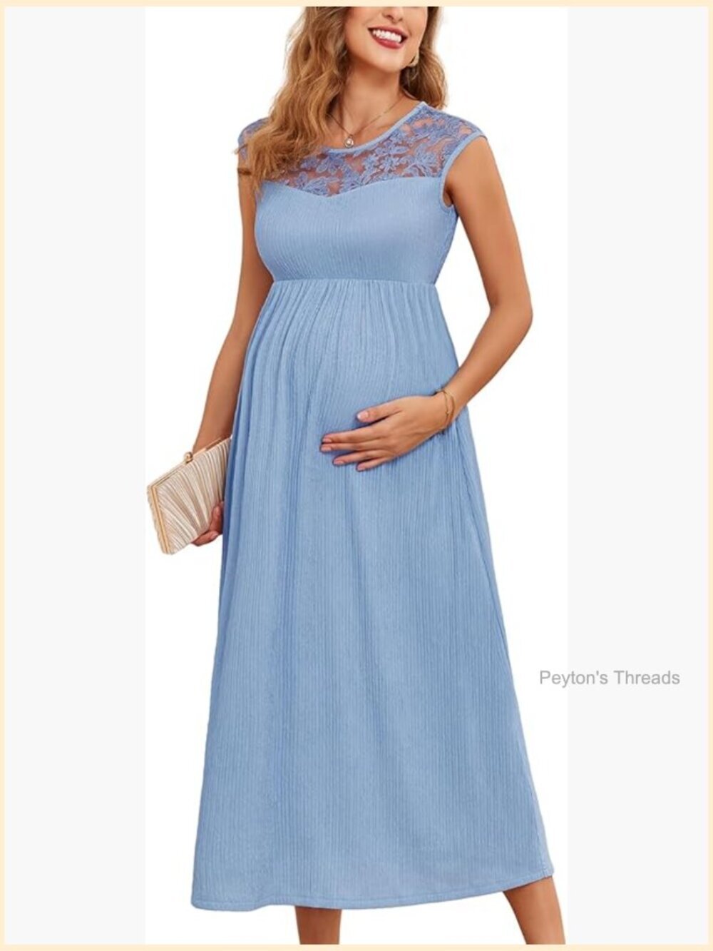 Maternity Dress with Lace Trim Sleeveless A Line Crew Neck Midi Baby Shower